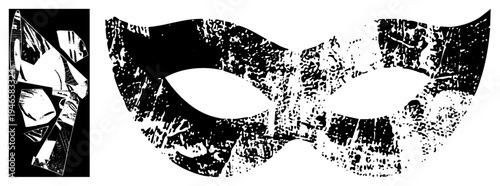 Elegant masquerade mask with distressed halftone texture, paired with abstract geometric, ideal for costume design or graphic art.