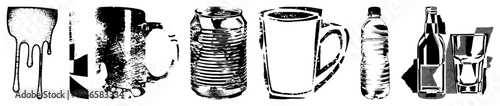 Vector illustration of drink vessels dripping mug, textured mug, ribbed can, glass mug, water bottle, beer bottle, tumbler all in high contrast halftone style.