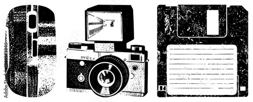 Retro computer mouse, analog film camera, floppy disk drive nostalgic tech artifacts, digital nostalgia, vintage computing, analog gear, obsolete hardware.