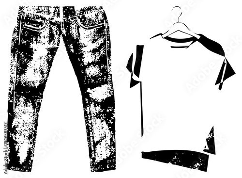 Vintage ripped denim pants paired with a hanger bow blouse, streetwear ensemble, casual chic attire, fashion flat vector, graphic.