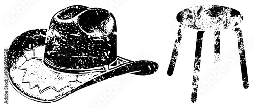 Classic cowboy hat with ornate band, rustic bar stool with three legs, vintage western gear, isolated vector illustration, rustic western decor.