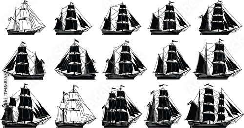 Sailing ship silhouettes, black clipper icons, historic vessel collection, maritime illustration, nautical design, vintage ships, ocean transport, sea travel art