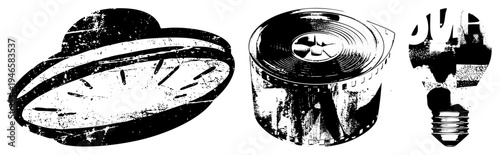 Retro halftone vector film reel, sombrero, lightbulb. Graphic design elements for creative projects. Grunge texture,, symbolic objects.