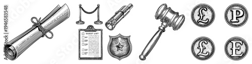 Classic legal and event including gavel, shield, guest list clipboard, rolled diploma, telescope, and currency coins, rendered in detailed engraving style.