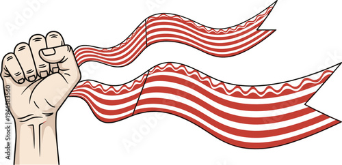 Raised fist holding waving striped ribbon symbol of protest freedom resistance activism hand drawn vector illustration