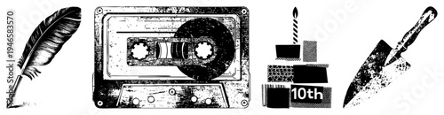 Retro items including quill pen, cassette tape, birthday cake with candle, garden shovel, all in distressed. Vintage tech, writing tools, celebration, gardening gear.