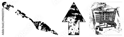 Distressed black and white vector shovel, upward arrow, shopping cart. Grunge texture,, isolated foreground elements. Used for UI, web design, or print.