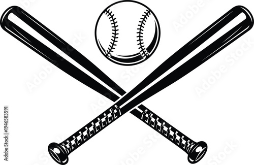 Stylized illustration of crossed baseball bats with detailed grips and a baseball above, perfect for sports logos, emblems, team branding, and promotional designs