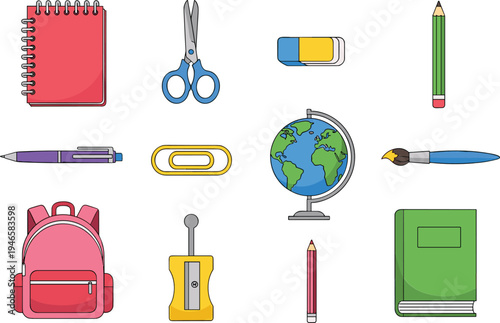 School supplies cartoon icon set with notebook scissors pencil backpack globe eraser sharpener and stationery tools