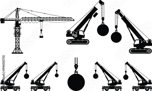 Vector construction crane silhouette set featuring tower cranes mobile crawler cranes and wrecking balls for heavy industry engineering building sites and demolition design projects.