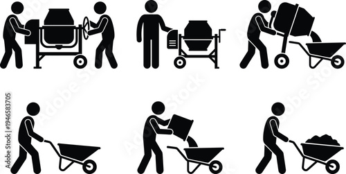Vector construction worker silhouette set featuring men operating concrete mixers and wheelbarrows for building site manuals masonry industrial labor and home renovation design projects.