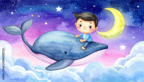 Baby riding whale in dreamy sky.