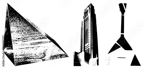 Abstract architectural and aerospace rendered in halftone style, geometric shapes, minimalist vector art, black and white graphic design elements.