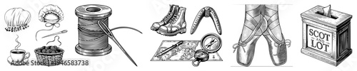 Hand drawn set of sewing tools, hiking boots, compass, map, ballet slippers, and lottery box, classic engraving style, isolated vector illustration.