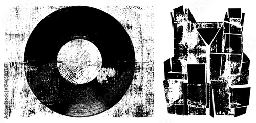 Black and white vector art featuring a distressed vinyl record and fragmented vest shapes, stylized with halftone grain and geometric abstraction, ideal for retro music or streetwear design.