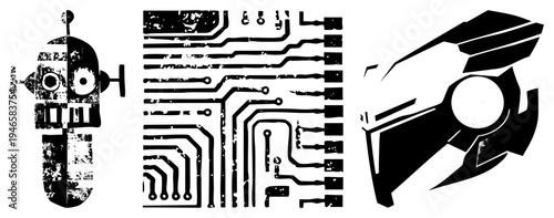 Retro futuristic robot, detailed circuit board, angular drone silhouette all in vector art. Tech, digital gear, vintage sci fi, electronic components.
