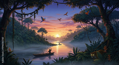 sunset on the forest river