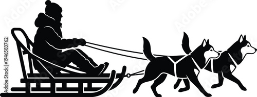 Vector dog sledding silhouette illustration with husky team pulling a wooden sled and driver for winter sports arctic adventure and Alaskan wilderness tourism design projects.