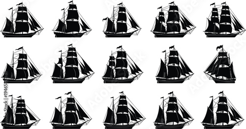 Sailing ship silhouettes, vintage nautical vessels, maritime clipart, tall ships collection, black sailboats, historic ship icons, ocean transport illustrations