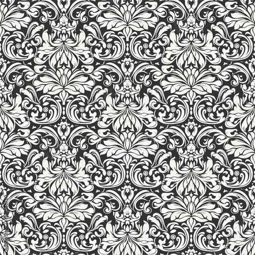 Ornate traditional wallpaper design with baroque damask florals and decorative scrollwork elements