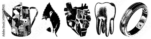 Vector art featuring fragmented shapes of teapot, leaf, heart, tooth, and ring, rendered in halftone and, ideal for graphic design or print.