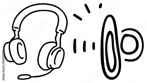 Over ear headphones with microphone emitting stylized sound waves, device, music listening equipment, minimalist, graphic.