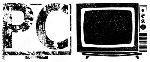 Retro computer and old TV graphic, pixelated screen, analog tech, nostalgic electronics, vector illustration, design, vintage computing.