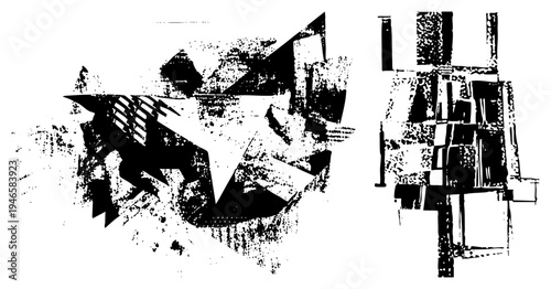 Fragmented angular shapes, halftone texture, stark contrast, graphic design elements, modern art abstraction, vector illustration, geometric chaos.