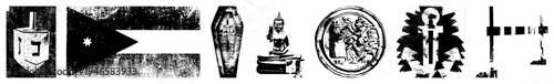 Set of symbolic emblems including Star of David, Palestinian flag, coffin, Buddha statue, ancient coin, and abstract motifs rendered in high contrast vector art.
