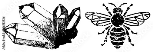 Black and white vector art of crystal formations and a segmented bee, halftone texture, isolated graphic, mystical and natural motifs.