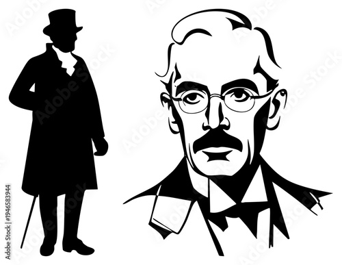 Black and white vector illustration of a gentleman in top hat and cane, paired with a detailed facial portrait featuring glasses and mustache, classic vintage style, isolated graphic elements.