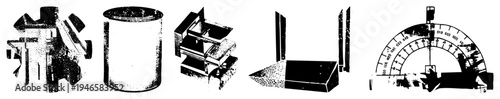 Abstract geometric forms and protractor tool rendered in halftone style, technical shapes, vector cutouts, isolated design elements, engineering reference graphics.