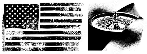 Distressed USA flag with stars and stripes, vintage halftone roulette wheel, gambling symbol, vector art, black and white graphic, isolated elements, casino, design.