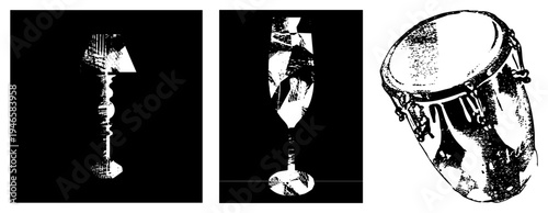 Vector illustration of lamp, flute, and drum in halftone style,, graphic design elements, isolated objects, artistic textures.