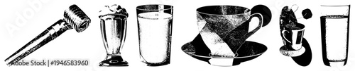 Retro styled drink including coffee cup, milk glass, tea with bag, soda fountain, and mallet vintage vector illustrations with halftone textures and clean.