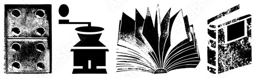 Set of four stylized book like grid, hand crank grinder, open pages, and textured spine, rendered in halftone dot, ideal for literary or educational themes.