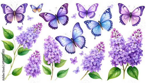 Seamless vector collection of blue and white flowers with delicate butterflies and nature-inspired insect wing designs for a beautiful spring floral illustration pattern