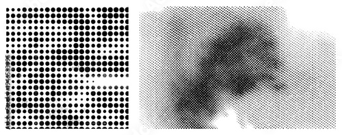 Black circular halftone dots transitioning from dense to sparse, creating gradient shading, vector graphic, isolated, design element, print effect.
