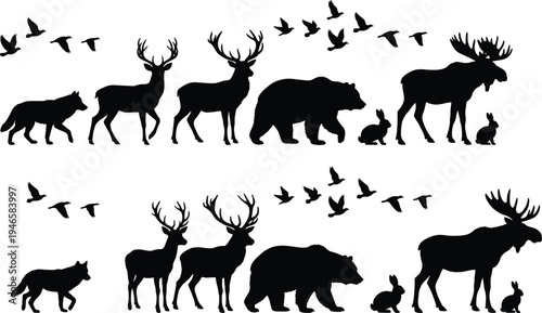 Vector forest animal silhouette set featuring deer with antlers, bears, moose, wolves, rabbits, and flying birds for wilderness nature design and hunting lodge graphics.
