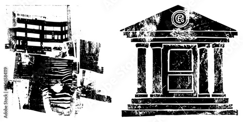 Neoclassical bank facade with columns and pediment, registered trademark symbol above door, vintage halftone style, financial institution.