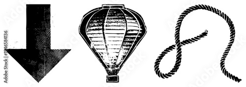 Retro halftone arrow pointing down, cobra shaped lantern with striped texture, coiled rope with spiral detail. Classic vector with distressed print style.