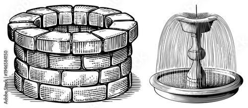 Classic stone well with layered bricks and ornamental fountain with cascading water, vintage engraving style, historical water features, isolated vector art.