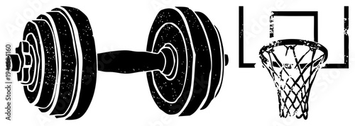 Weightlifting dumbbell with textured plates and basketball hoop with net, gym fitness, sport and strength training symbols.