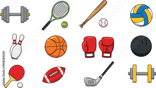 Sports equipment cartoon icon set with basketball volleyball tennis racket boxing gloves baseball bat and gym weights