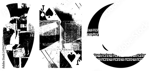 Stylized playing card Jack of Spades, fragmented vase, moon with ornate borders, halftone texture, vector art, isolated foreground elements.