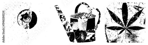 Vector halftone illustrations of mechanical gear, gardening can, and leaf, rendered in gritty, isolated design elements, graphic symbols for branding or use.
