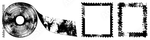 Weathered adhesive tape unspooling with gritty texture, jagged edged frames with scratchy ink effect, graphic design elements, vector art for retro or urban projects.