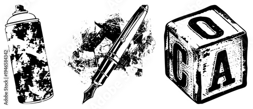 Urban art tools including spray can, fountain pen, and alphabet block with letters C and A, stylized for creative expression and design. Graffiti, calligraphy, typography, and lettering.