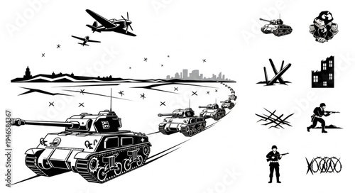 World War II military vehicles and aircraft in combat scene.