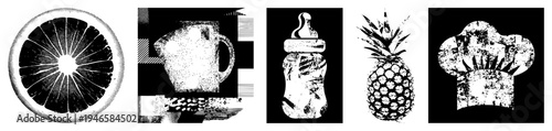 Halftone vector featuring citrus slice, baby bottle,, chef hat, textured, graphic design elements, isolated symbols, stylized food and kitchen items.